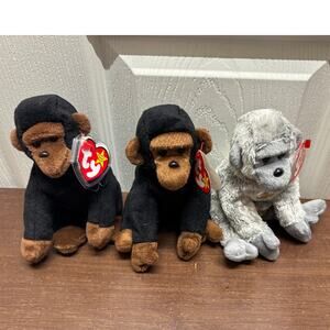 Set of 3 Ty Beanie Babies Virunga Congo Gorilla Silver Brown Monkey Plush NWT